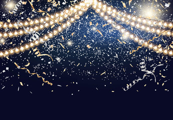 Festival background with string lights and confetti Vector - obrazy, fototapety, plakaty