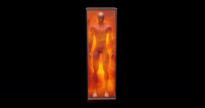 Genetically engineered human, humanoid clone in floating viscous gaseous energy field, life support chamber. 3d animation. View shows simple rotation of man