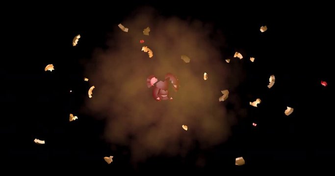 Multi layered spherical explosion with pieces of thick metal fragments, shards and expanding gases. 3d animation