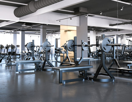 Modern gym with bench press. 3d rendering