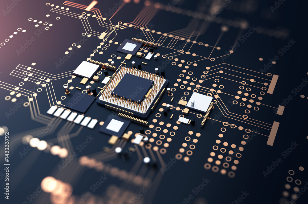 Poster 3d rendering of futuristic blue circuit board