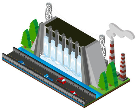 isometric dam with cars and factory clip art preview