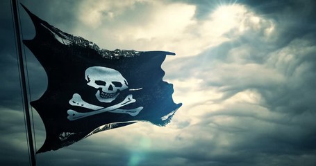 ripped tear grunge old fabric texture of the pirate skull flag waving in wind, calico jack pirate symbol at cloudy sky with sun rays light, dark mystery style, hacker and robber concept
