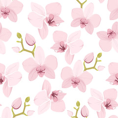 Pink purple tender orchid floral seamless pattern. Exotic spring summer flowers bloom blossom foliage garland bouquet. Isolated on white background. Vector design illustration.