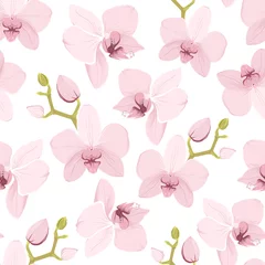 Photo sur Plexiglas Orchidee Modèle sans couture florale rose pourpre tendre orchidée. Fleurs exotiques de printemps été fleurissent bouquet de guirlande de feuillage de fleurs. Isolé sur fond blanc. Illustration de conception de vecteur.