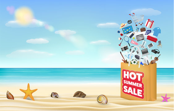 hot summer sale shopping bag with many product floating over on a sea sand beach