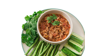 Thai Food ( Nam prik ong bruschetta ) and Vegetable set in the plate. isolated on white background, selective focus (detailed close-up shot)