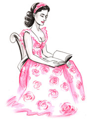 Woman in beautiful dress is reading a book