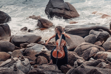 beautiful young woman playing cello on stone beach at stormy weather © zolotareva_elina