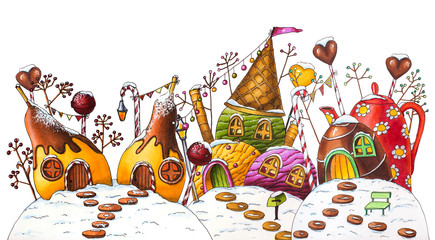 Naklejka premium Winter Christmas andy Land Street - Marker Illustration (Pears, Ice Cream, Candy)