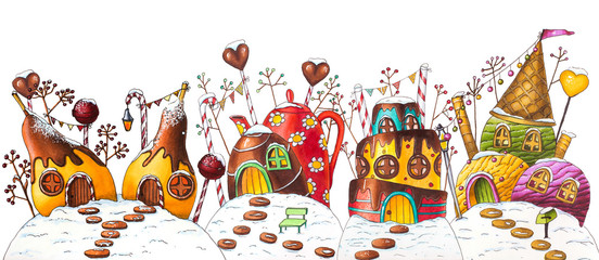Winter Christmas Candy Land Street - Marker Illustration (Pears, Cake, Teapot)