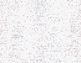 Corrupted source code. Modern vector illustration about computer security. Abstract ascii glitch background. Fatal programming error. Buffer overflow problem. Random signal error. Element of design.