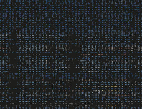 Corrupted source code. Modern vector illustration about computer security. Abstract ascii glitch background. Fatal programming error. Buffer overflow problem. Random signal error. Element of design.