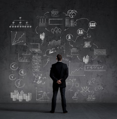 Businessman standing over schematic background. Business and office, concept.