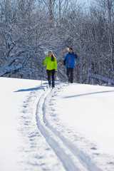 Couple cross country skiing in winter