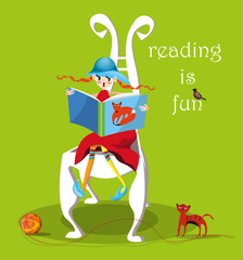 vector illustration with a cute girl sitting on the chair and reading 