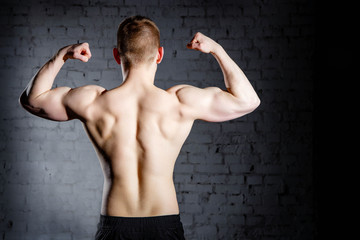 Rear view of young attractive caucasian muscular bodybuilder man with perfect body working out in sports center, posing, showing back muscles, body sculpture concept