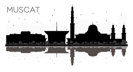 Obraz premium Muscat City skyline black and white silhouette with reflections.