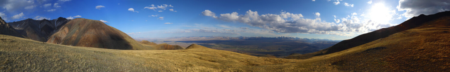 Panorama of Altai Mountains at sunset