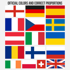 Flags of countries with official colors and correct proportions: Spain, France, Germany, Sweden, Italy, Finland, Poland, Switzerland, England, Ukraine, Austria, Czech Republic, Great Britain and other