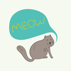 Funny gray cat with meow text in bubble