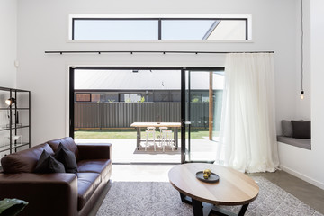 View of outdoor deck from a luxury living room