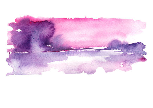 Watercolor beautiful paint stain. A blot, a splash, resembles a natural landscape. Use in design.pink background color