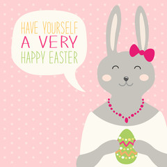 Cute hand drawn Easter card with bunny, egg and speech bubble with hand written text