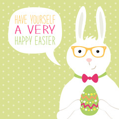 Cute hand drawn Easter card with bunny, egg and speech bubble with hand written text
