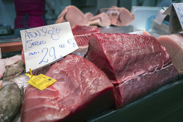 Almadraba Red Tuna piece in a market of Cadiz. Atlantic and mediterranean tuna © digicomphoto