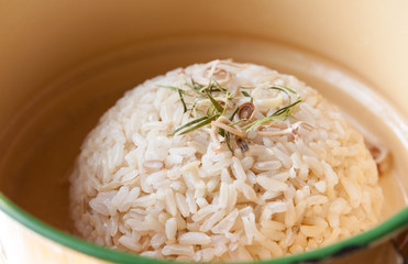 Rice In food carrier,Jusmin streamed rice in a part of food carrier thai style