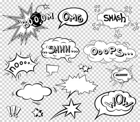 Comic speech bubbles set, wording sound effect design for background, strip. Book Bang cloud, pow and cool exclamation, bomb