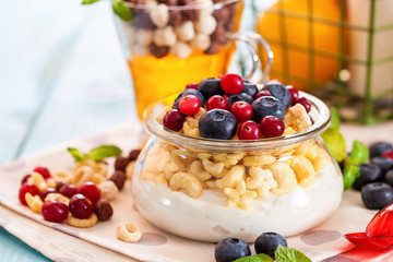 Yogurt with cereal and berries. Selective focus. Copy space