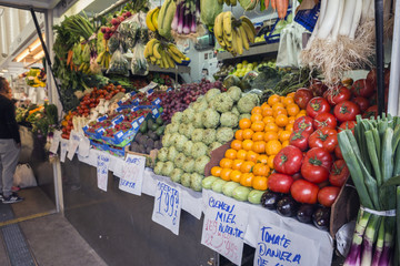 Farmers' food market stall with variety of organic vegetable, Cadiz, Spain