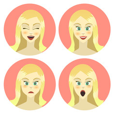 Girl , woman emotions character, joy, happiness, surprise, anger, equanimity, cartoon character, flat style. Vector illustration