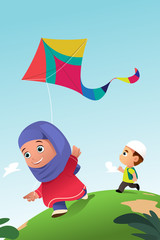 Muslim Kids Playing Kite Outdoor