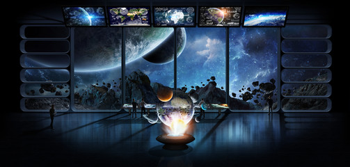 Group of scientists observing the solar system 3D rendering elements of this image furnished by NASA