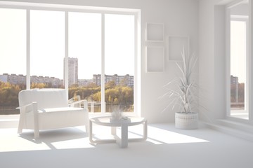 White room with armchair and urban  landscape in window. Scandinavian interior design. 3D illustration