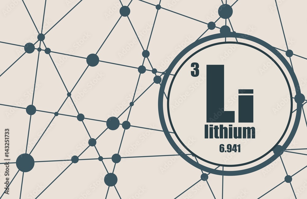 Wall mural Lithium chemical element. Sign with atomic number and atomic weight. Chemical element of periodic table. Molecule And Communication Background. Connected lines with dots. - Wall murals