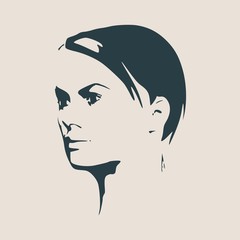 Face half turn view. Elegant silhouette of a female head. Vector Illustration. Short hair. Monochrome gamma.