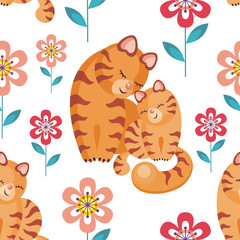 Mother’s day seamless pattern. Children's vector background in cartoon style with the image of cute animals and their cubs.