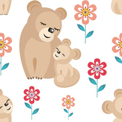 Mother’s day seamless pattern. Children's vector background in cartoon style with the image of cute animals and their cubs.