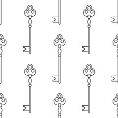 Black and white seamless pattern with vintage, old keys for coloring books, pages.