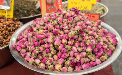 Dried rose buds  for sale at Mahane Yehuda Market, popular marketplace in Jerusalem, Israel
