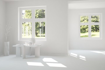 White room with table and green landscape in window. Scandinavian interior design. 3D illustration