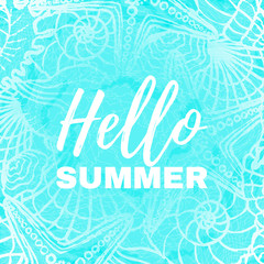 Blue background with text Hello summer. Beautiful pattern with seashells. Vector illustration with sea ornament.