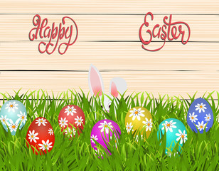 Happy easter. Easter colored eggs with a pattern of daisies. The rabbit is hiding in the grass. illustration
