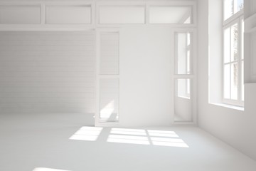 White empty room with flower. Scandinavian interior design. 3D illustration