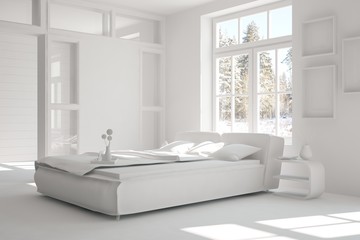 Fototapeta na wymiar White bedroom with winter landscape in window. Scandinavian interior design. 3D illustration