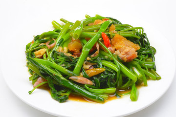 Thai Food Fried Morning Glory with Crispy Pork
